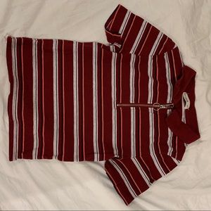 collared crop top striped quarter zip